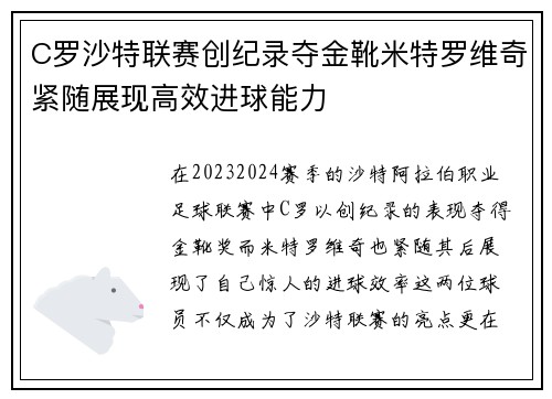 C罗沙特联赛创纪录夺金靴米特罗维奇紧随展现高效进球能力