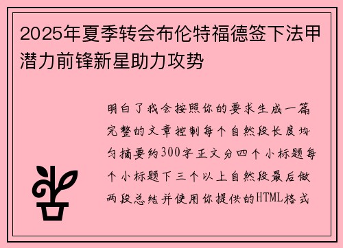 2025年夏季转会布伦特福德签下法甲潜力前锋新星助力攻势