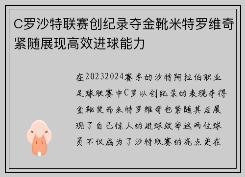 C罗沙特联赛创纪录夺金靴米特罗维奇紧随展现高效进球能力